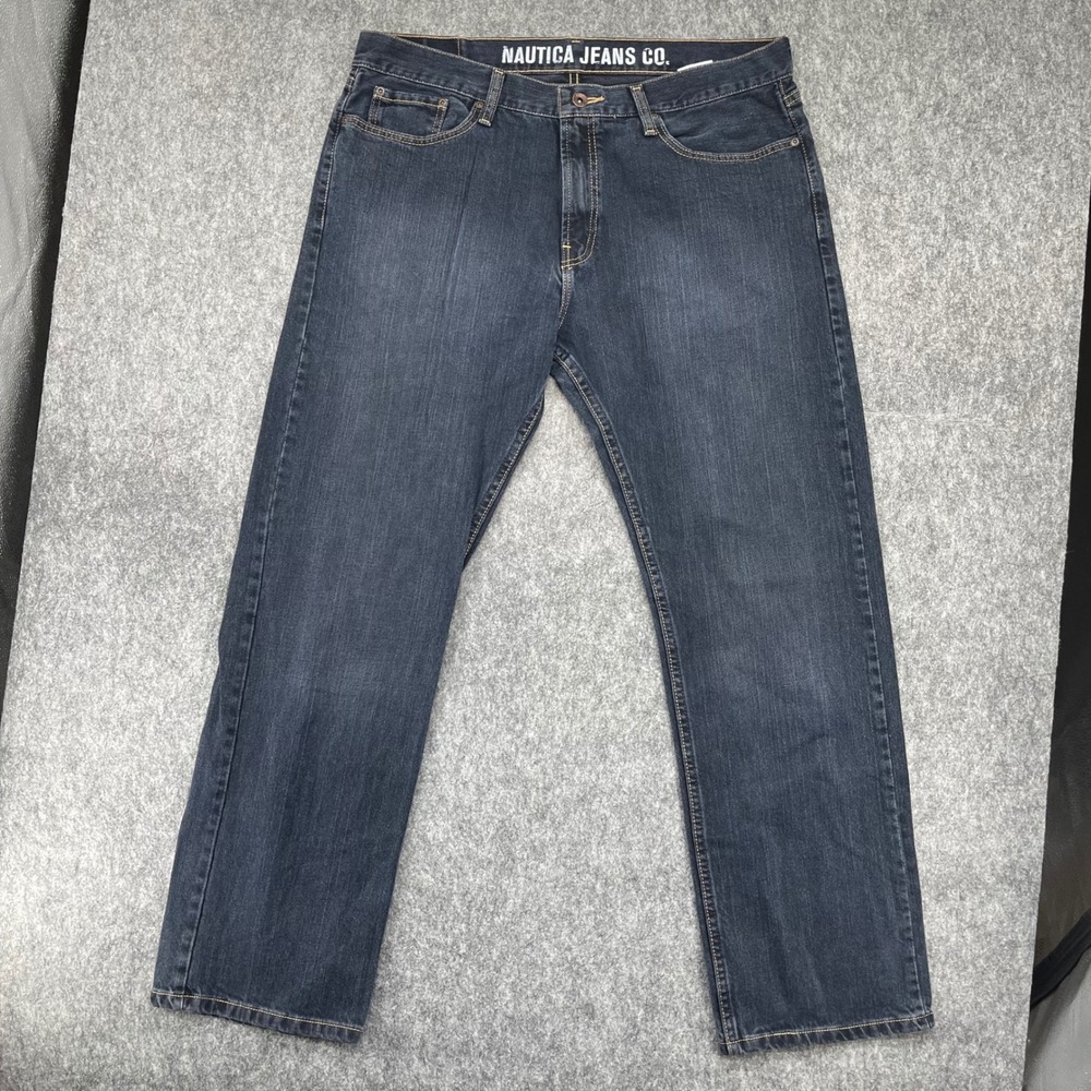 Nautica Jeans Co Mens 36x32 Relaxed Fit Dark Wash Straight Leg Denim Blue Jeans